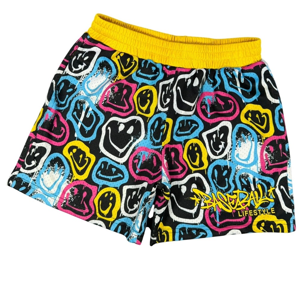Baseball Lifestyle 101 Youth Medium Black Neon Smiley Mesh Athletic Shorts Gym
